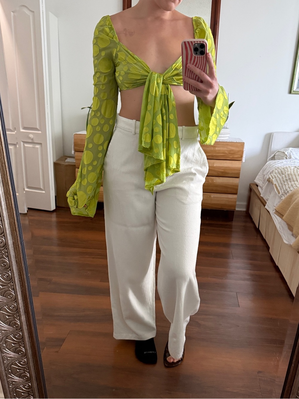 Lovers + Friends Front Sheer Polka Dot Crop Top in Lime Green